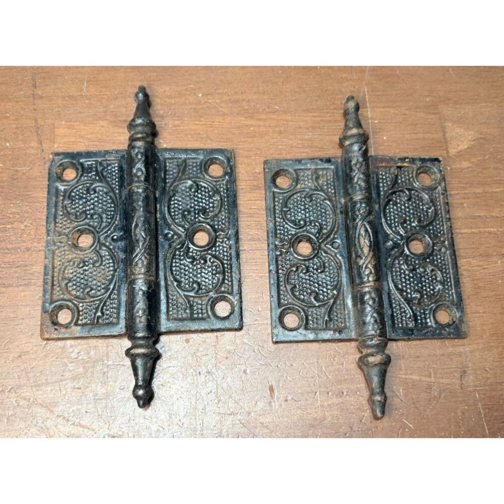 2 Victorian Antique Cast Iron Ornate Steeple-Tipped Door Hinges 3.5" X 3.5"